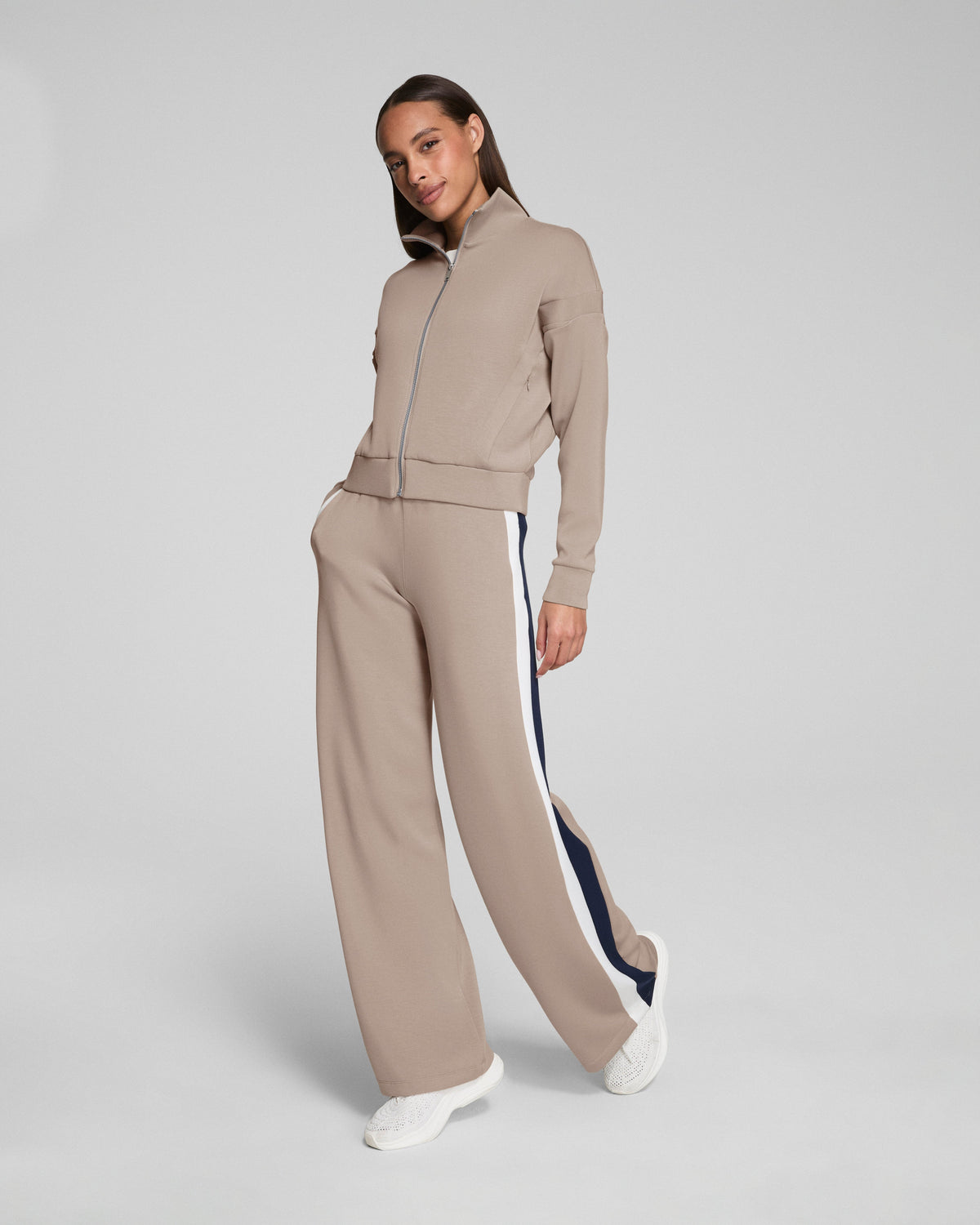 SPANX AirEssentials® Colorblock Wide Leg Track Pant | Ashwood/Powder/Timeless Navy