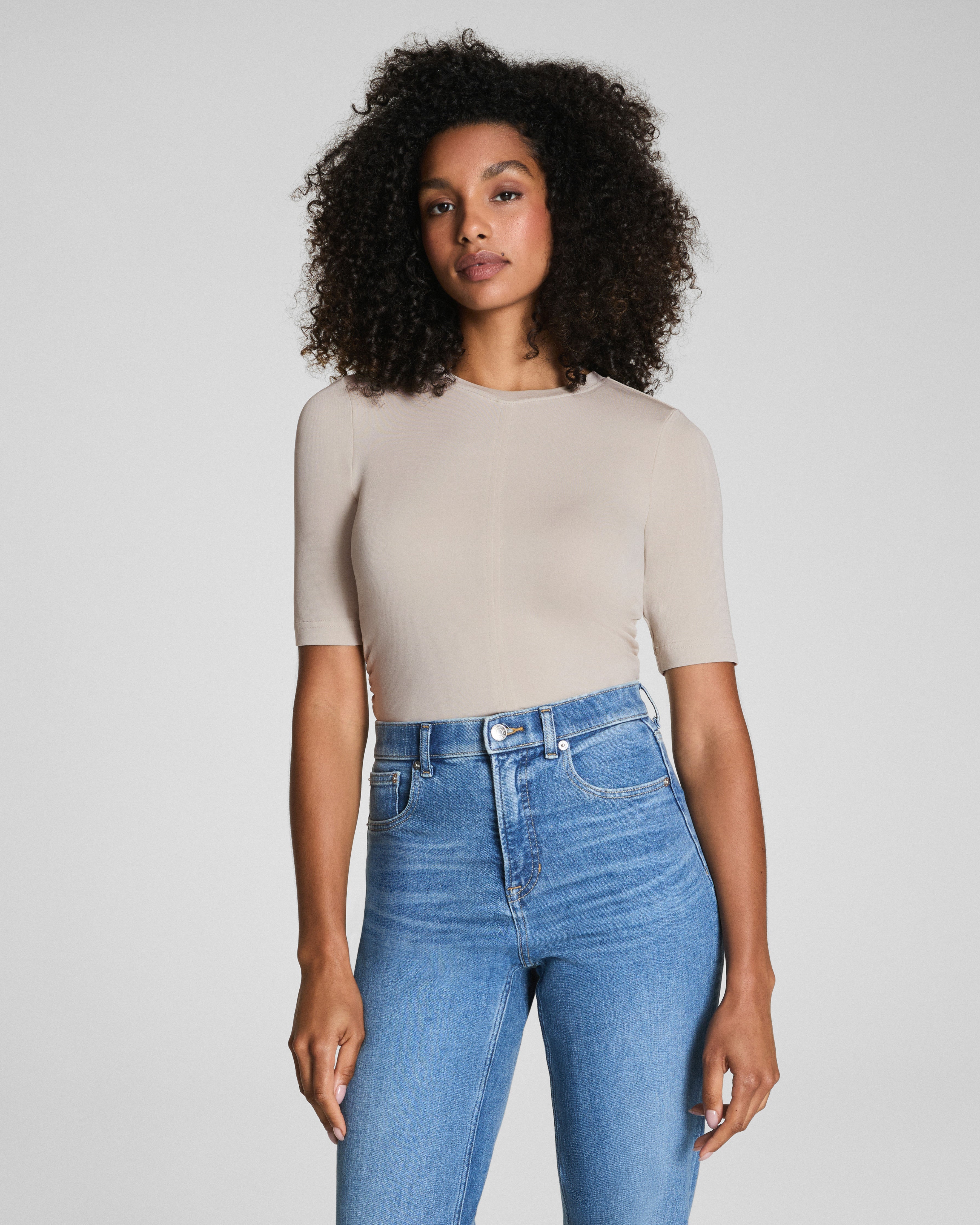 SPANX® Sleek Jersey Long Sleeve Ruched Top | Bone
