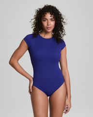 SPANXshape™ Swim Pique High Neck Short Sleeve One-Piece | Deep Azure
